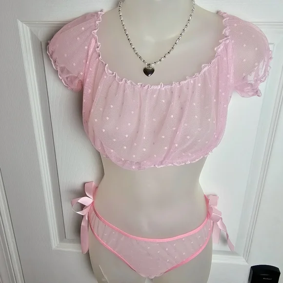 New Coquette Polka-dot Babydoll Lingerie Set M - Picture 2 of 8